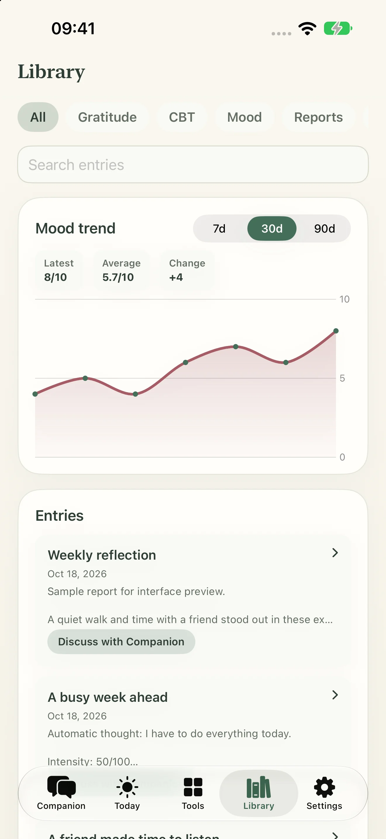 Mind Health: Revisit entries and mood patterns.