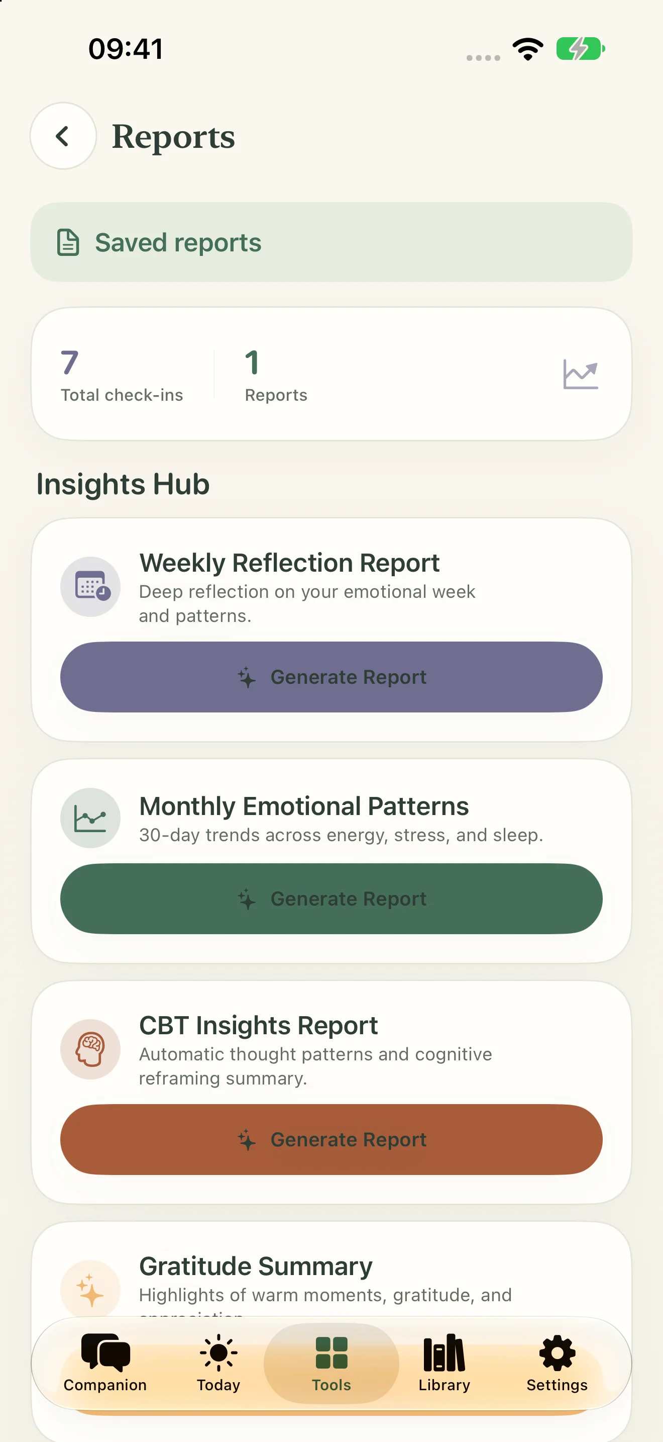 Mind Health: Explore reflection reports and summaries.