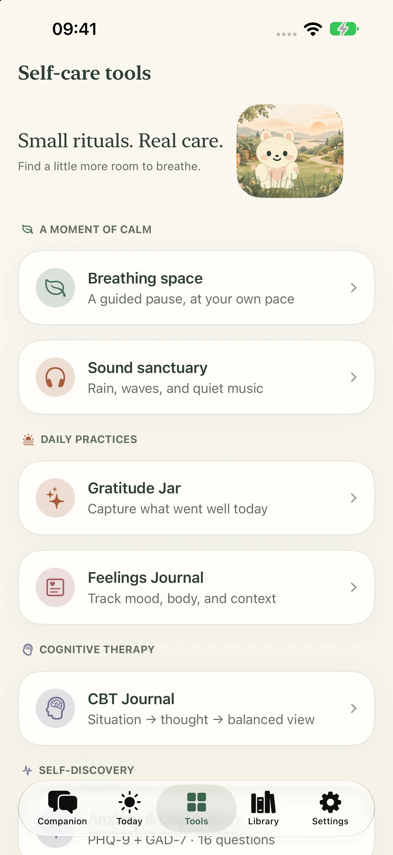 Mind Health: Explore journals and self-care practices.
