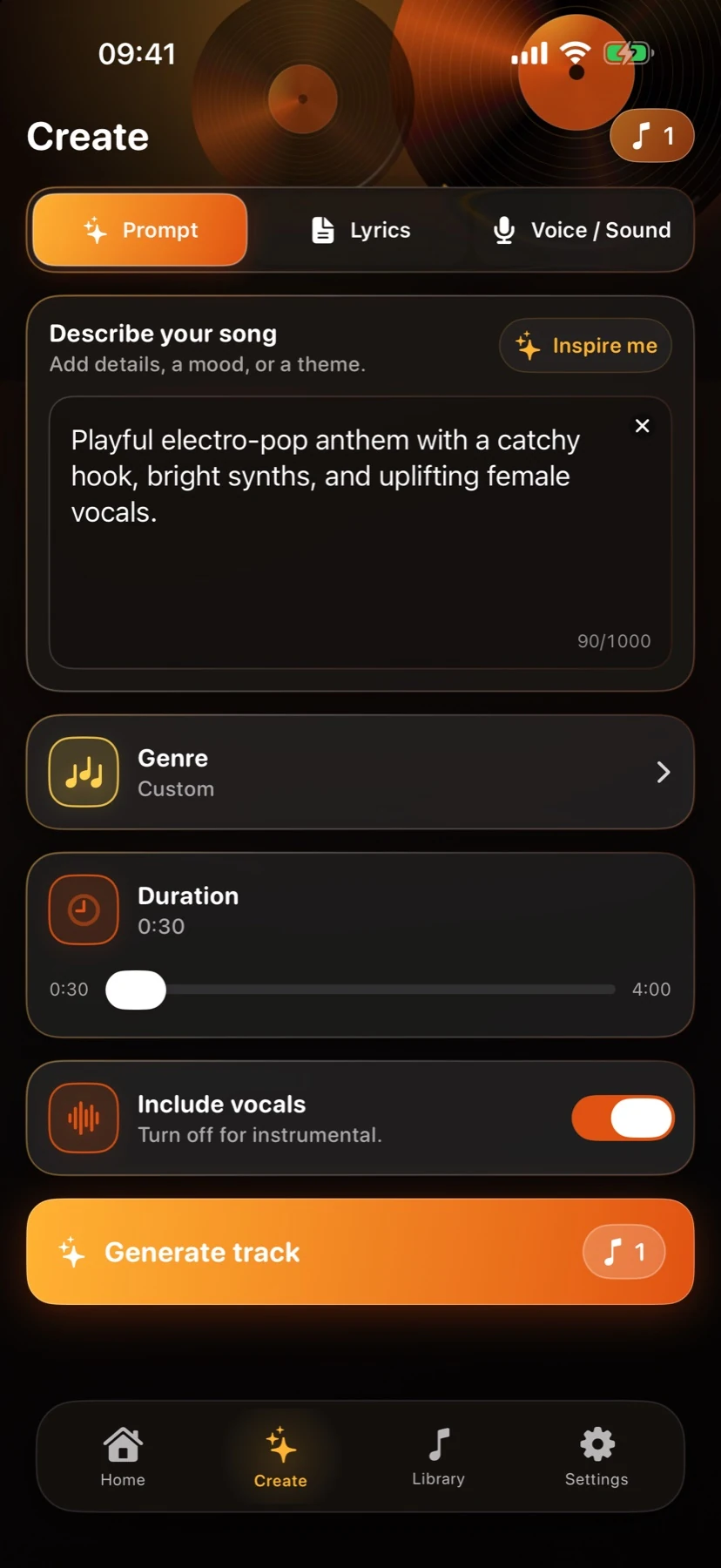 SensoSound Create screen with prompt, genre, duration and vocals