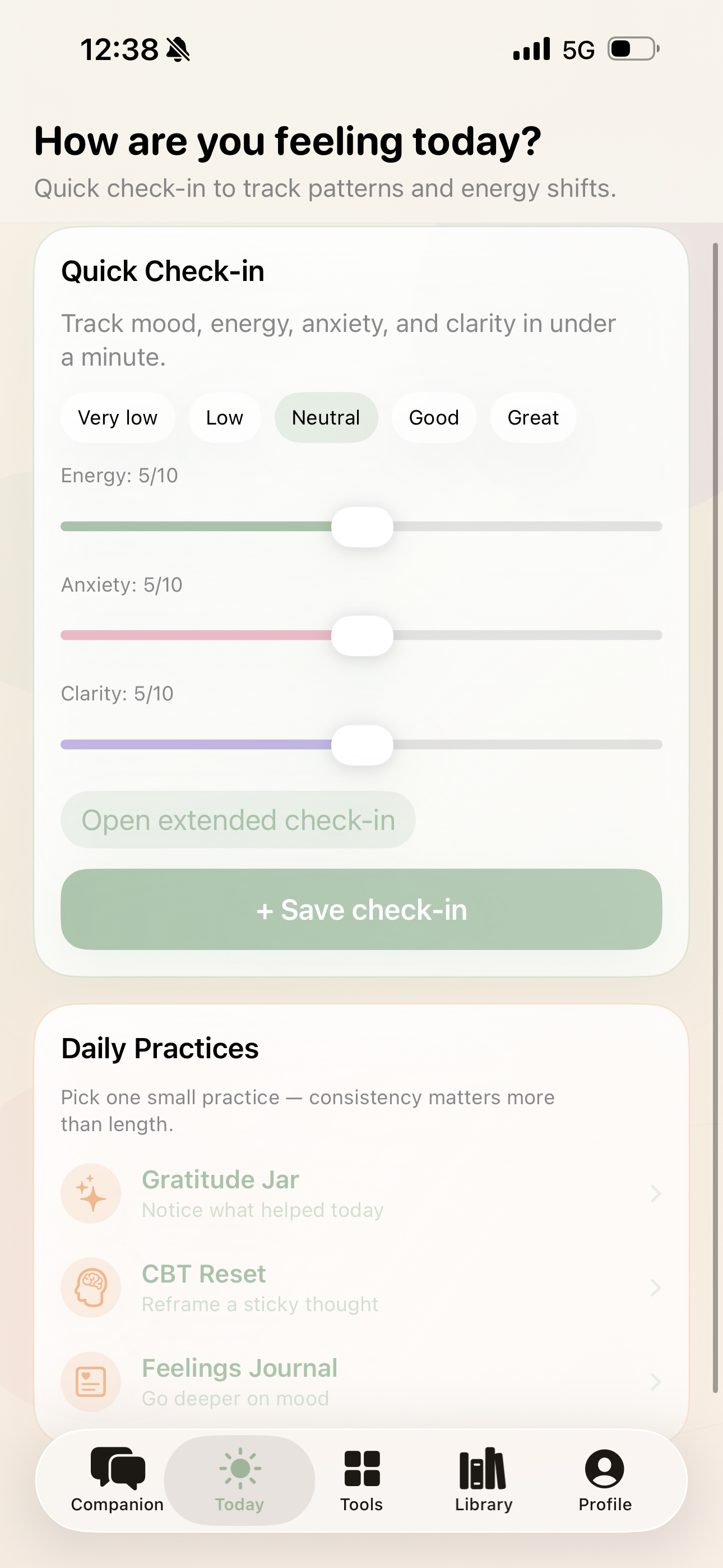 MindHealth check-in screen