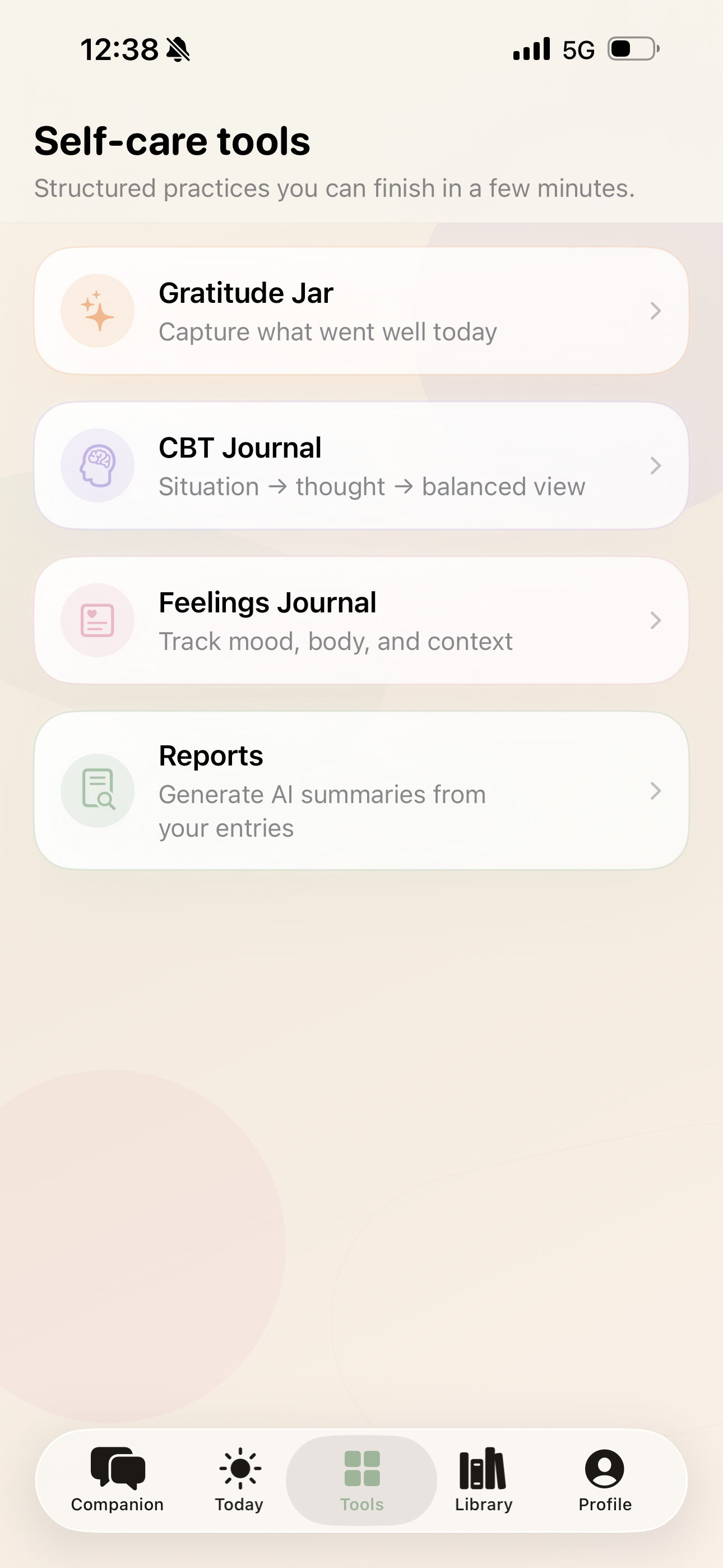 MindHealth tools screen