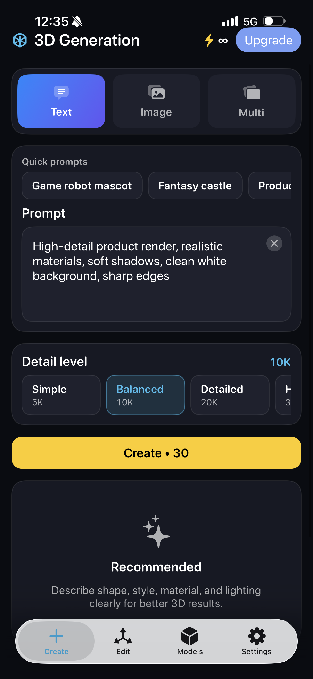 SensoAI 3D create flow screen